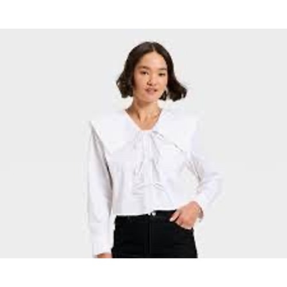 Future Collective Reese Blutstein White Oversized Collar Tie Front Blouse Small
